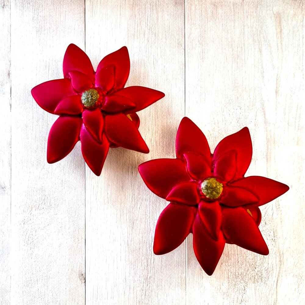 Vintage Red Matte Poinsettia Flower Clip-on Earrings